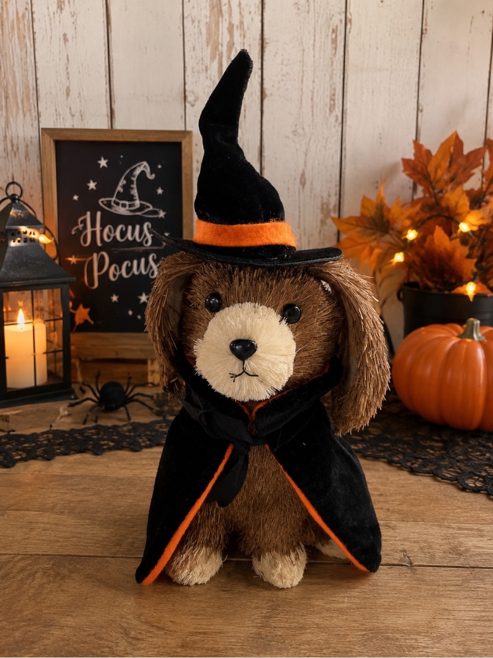 Primitive Folk Art Straw Sisal Dog Witch Autumn Halloween Table Decor 13" puppy